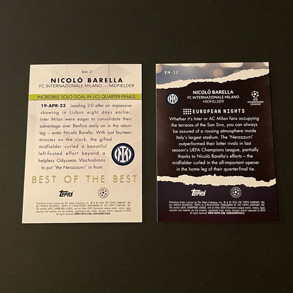 Topps 2023-24 UEFA European Nights and Best of the Best Nicolò Barella Cards - Picture 2 of 9
